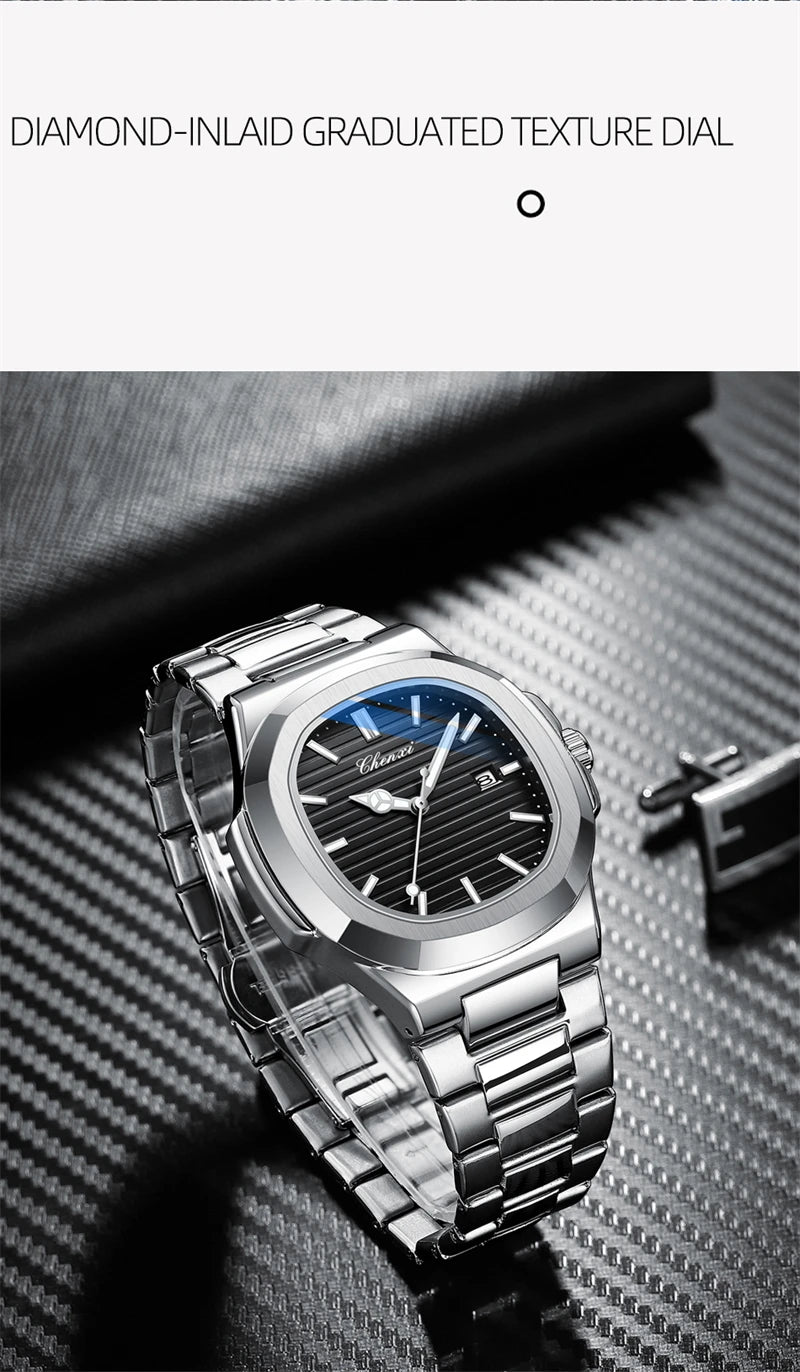 CHENXI 8222 Men's Quartz Watch Luxury Stainless Steel Wristwatch Waterproof Luminous Date Male Clock Watches Gift